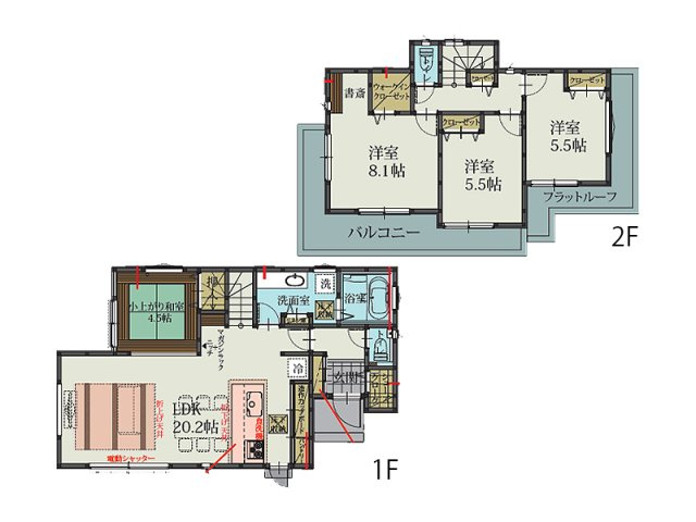 【間取り】 | 川越市寺尾　新築一戸建住宅　全1棟　(ふじみ野店) | LDK20.2帖＋小上がり和室4.5帖！書斎やWIC、シューズクロークも備えた充実の間取り。
