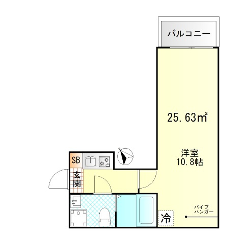Valle Feliz雑色の間取り|北向きバルコニー洋室10.8帖の1Kバストイレ別独立洗面台！