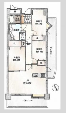 レールシティ大宮壱番館の間取り|【レールシティ大宮壱番館】・3LDK・専有面積76.45m2・バルコニー面積18.95m2