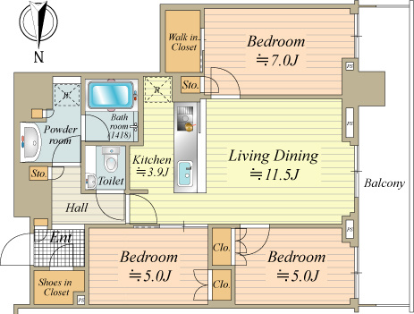 広々74.47㎡の3LDKタイプのお部屋です。