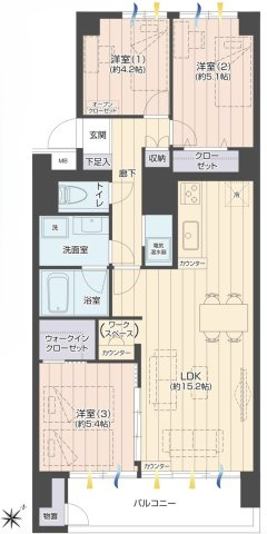 行徳ニューグランドハイツＣ棟の間取り|専有面積71.77㎡のゆとりある3LDKの間取りです。バルコニー面積7.28㎡も確保。南東向き角部屋につき陽当り・通風ともに良好で、快適にお過ごしいただける心地よい住環境です。