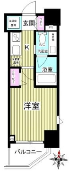 ル・リオン大鳥居の間取り|南向きバルコニー南東角部屋1K洋室6.8帖バストイレ別独立洗面台ー