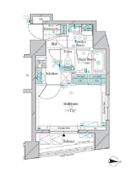 ガリシア大森Eastの間取り|東向きバルコニー北東角部屋2面採光の1K洋室7.2帖バストイレ別独立洗面台！