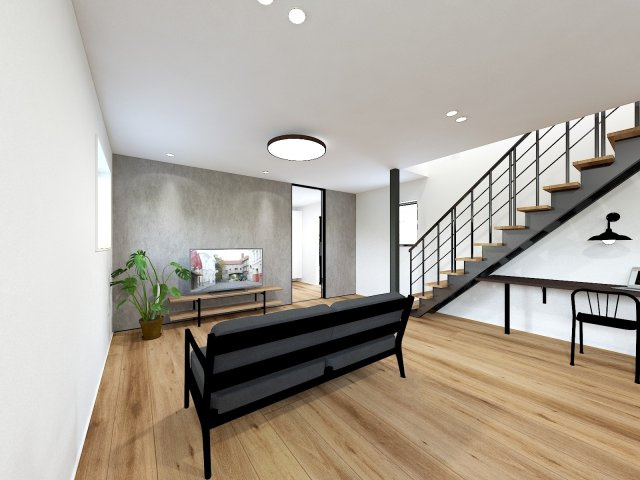 泉区上飯田町戸建ての居間・リビング|リビングイン階段は家族の顔が見えるのでコミュニケーションが増えますね。お洒落な所も◎
