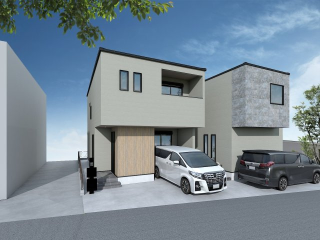 泉区上飯田町戸建ての外観パース|閑静な住宅街に建つ省エネ性能ラベルZEH水準適合住宅です。