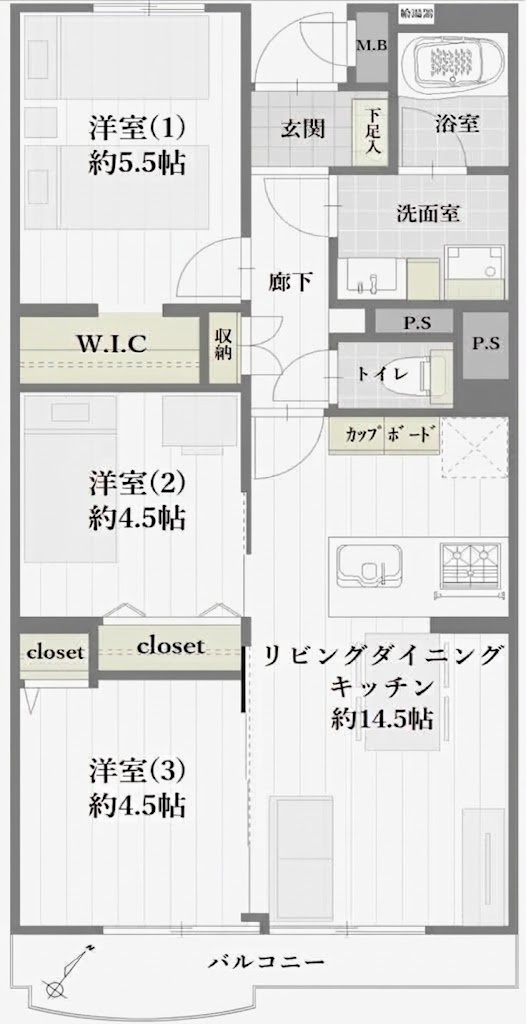 ハイマート幸の間取り|専有面積63.84㎡の3LDK+WICの間取りです。バルコニー面積6.42㎡も確保。南東向きにつき陽当り・眺望ともに良好で、快適にお過ごしいただける心地よい住環境となっております。