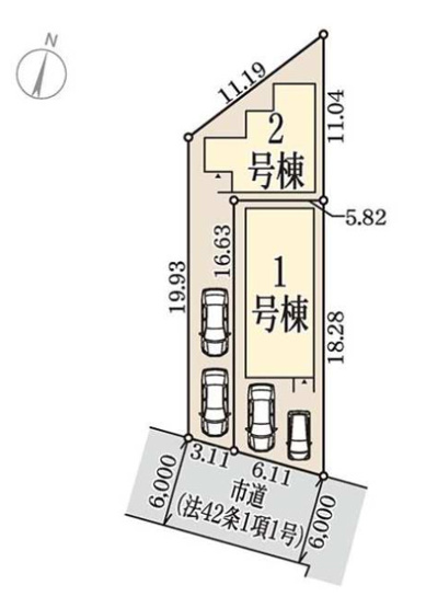 【区画図】 | 平野区瓜破5丁目　【1号棟/全2棟】 | 【全2棟】設計＆建設性能評価付き☆国が定めた「住宅性能表示制度」において6項目で一番良い等級を取得予定の物件です☆【耐震等級2項目、耐風等級、劣化対策等級…等】地盤サポートシステム20年保証☆