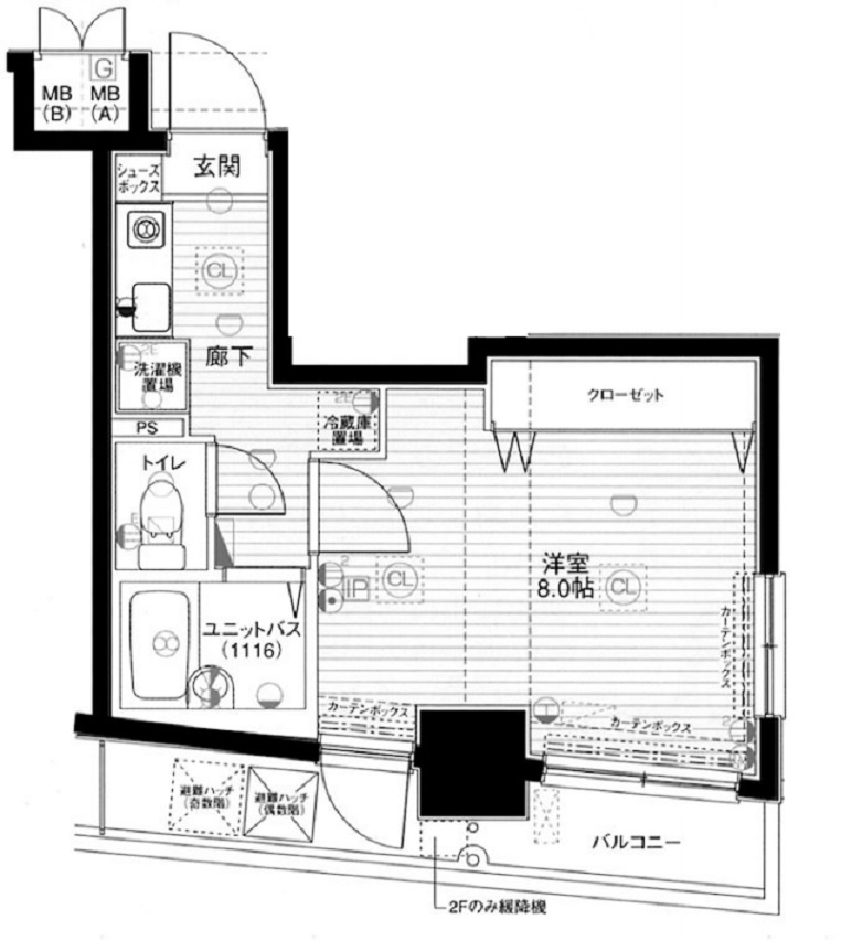 メインステージ蒲田Ⅱの間取り|南向きバルコニー南東角部屋の1K洋室8帖バストイレ別
