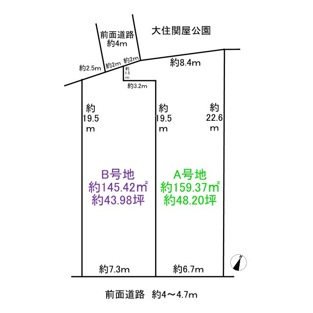 京田辺市大住関屋売り土地　限定2区画の土地図|土地分筆前につき他の分筆例もあります。