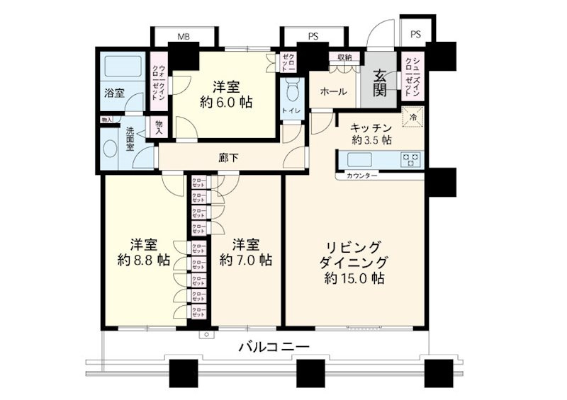 全室収納完備の3LDK。ビルトインタイプエアコンも完備しております