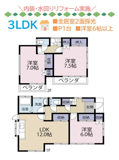 【間取り】 | 内装・水回り「リフォーム」でコスト抑えつつキレイなお住まいが叶う♪
カースペース１台付き、各洋室6帖以上ある3LDKのご紹介です◎