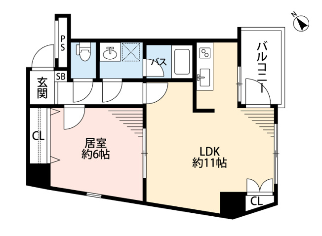 【間取り】 | スカイコート中野南台２ | １ＬＤＫ　南東向き／42.35㎡（バルコニー有り3.97㎡）
