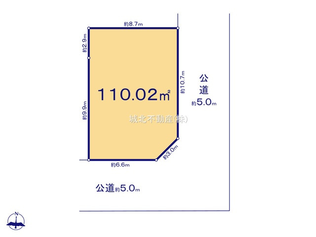 杉並区清水3丁目 全18区画 5号地の土地図|東側約5.0ｍ×南側約5.0ｍ道路公道に接道する整形地110.02㎡(約33.28坪)