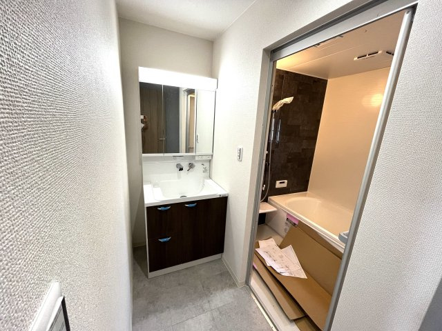 【洗面所】 | 仲介手数料無料！厚南小学校に通えるリフォーム済み中古住宅　宇部市東際波台５丁目 | シャンプードレッサーはシャワーヘッドが伸びるタイプ