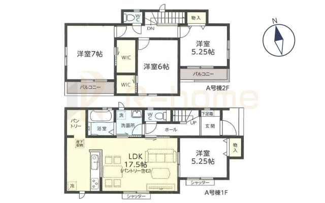 龍ケ崎市城ノ内4丁目　新築戸建て　A号棟の間取り|4LDK＋WIC＋パントリー、土地面積180.20m2、建物面積98.53m2
