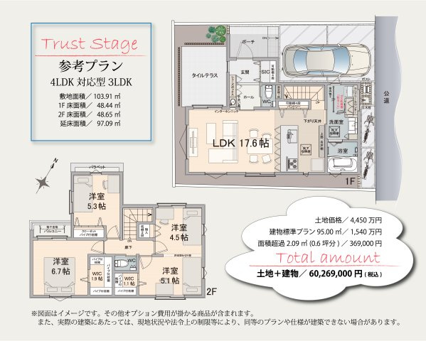 【参考プラン】 | トラストステージ和光市南1丁目13期　限定1区画(成増店) | 【参考プラン(分譲事例)／区画図＆間取図】
◆愛犬も喜ぶ陽だまり空間◆
4LDK対応型3LDK
敷地面積／103.91㎡
延床面積／ 97.09㎡