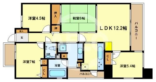 アーデンタワー新町　堀江小学校区の間取り|アーデンタワー新町　南東角部屋　床暖房あり