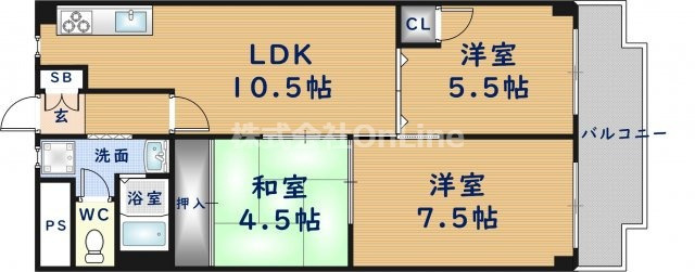 東大阪市西堤本通東２丁目の賃貸マンションの間取り