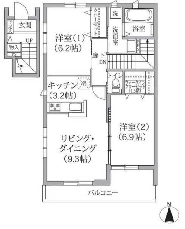 ハイネス深沢B棟　最上階　追焚　南西角部屋の間取り