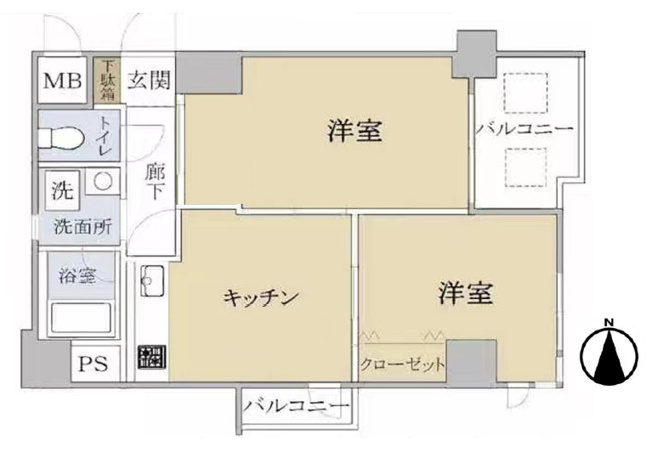 【間取り】 | 太平パシフィック桑津Ⅱ | 東南角住戸☆【2K＋2面バルコニー☆】室内リフォーム済み☆ゆとりの一人暮らし、仲良く二人暮らしにおススメです♪