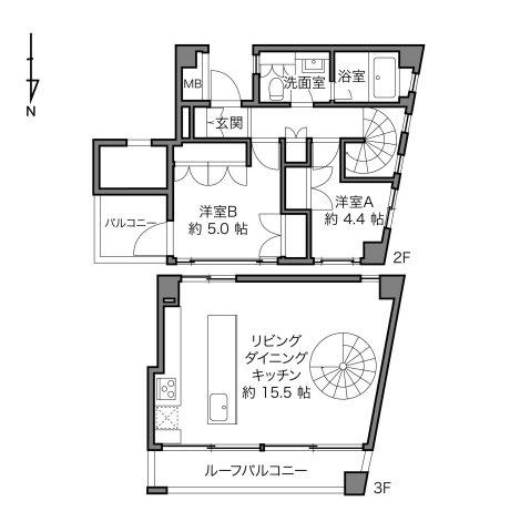 【間取り】 | Ｂｌｏｃｋ　ｏｎ　Ｂｌｏｃｋ | 上階に約15.5帖のLDKとルーフバルコニーを配置！開放的な空間で家族の団らんが心地よく広がります！