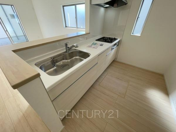 クレイドルガーデン前橋市稲荷新田町第３　４号棟のキッチン|シンクも大きく洗い物もしやすい浄水器付。シャワーヘッドは引き出し可能、シンクの隅々まで洗い流せます。
