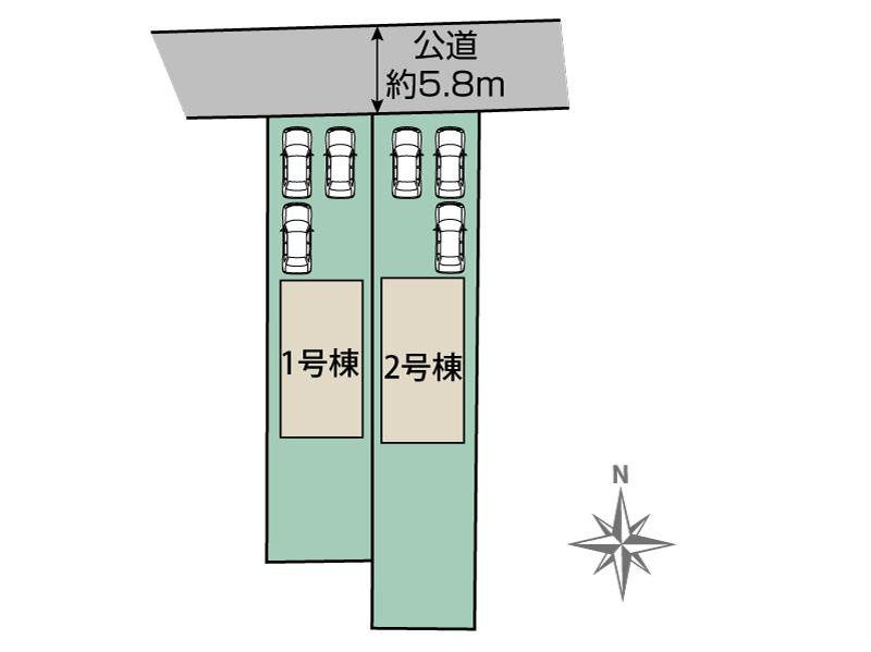 新築　太田市尾島町全2棟　Blooming　Garden　2号棟の区画図|1号棟　区画図　北側接道幅員約5.8ｍ
	
