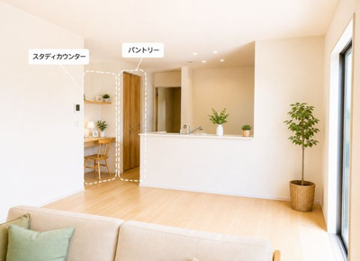 【居間・リビング】 | ☆☆新築分譲　常磐上湯長谷町釜之前(第2)　限定１棟！！長期優良住宅！！ | スタディカウンター・パントリー付♪