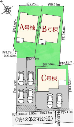 「南間口で日当たり良好」「4LDK」魚住町西岡　全3棟　B号棟の区画図