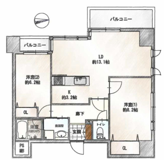 【間取り】 | プレール本厚木弐番館 | 2LDKは、リビングダイニングキッチンと二つの居室がある間取りでございます。夫婦や小さなお子さんのいるご家庭に特におすすめで、リビングで家族団らんを楽しみつつ、個室でプライベートな時間も確保できます。