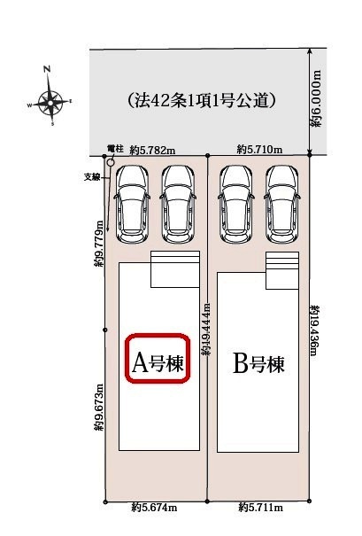 所沢市中新井3丁目・全2棟　新築一戸建　A号棟の区画図|【全2棟・A号棟】整形地・土地面積111.42平米（約33.70坪）カースペース並列2台