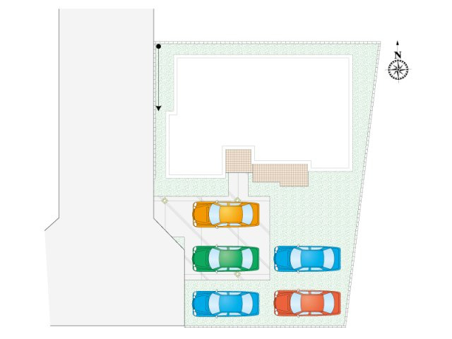 【4号棟:区画図】駐車5台可能。前面道路も広く、車の出し入れもスムーズに行えます。複数台所有のご家庭や来客時にも便利です。お車の多いご家庭にぴったりな住まいです。