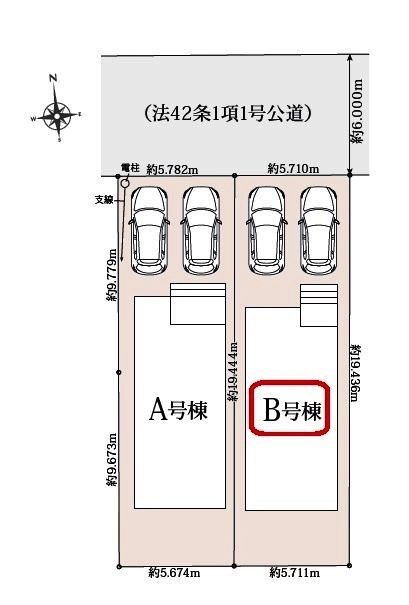 所沢市中新井3丁目・全2棟　新築一戸建　B号棟の区画図|【全2棟・B号棟】整形地・土地面積111.01平米（約33.58坪）カースペース並列2台