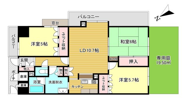 朝日プラザ南大和イーストウイングA棟の間取り|専有面積:76.76ｍ2　バルコニー面積:24.85ｍ2