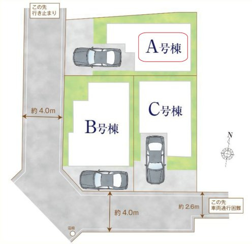 所沢市くすのき台1丁目・全3棟　新築一戸建　A号棟　の区画図|【全3棟・A号棟】ビルトイン車庫1台分。