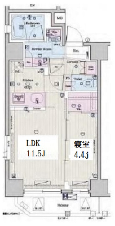 メイクスデザイン千鳥町アジールコートの間取り|南向きバルコニー南西角部屋1LDKカウンターキッチン＆ウォークインクローゼット付