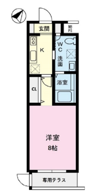 TFレジデンス鵜の木の間取り|南東向きバルコニーの1K洋室8帖バストイレ別独立洗面台！