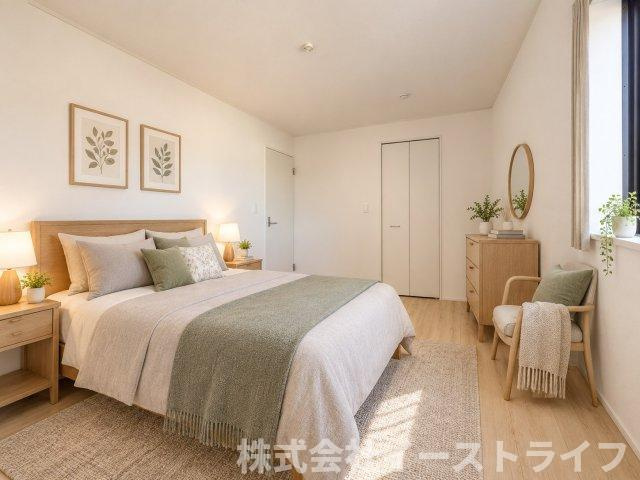 【新築戸建】　いわき市平塩第4　全2棟の寝室|同社施工写真　家具などのインテリアともマッチしておしゃれ感が出しやすく、身の回りの整理がしやすいのも洋室の魅力です◎