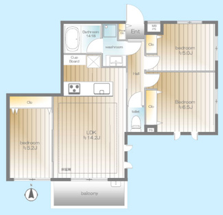【間取り】 | ラグシスヒルズ三軒茶屋 | 専有面積65.84㎡。ライフスタイルに合わせて2LDK・3LDKとしてフレキシブルに使える間取りです。