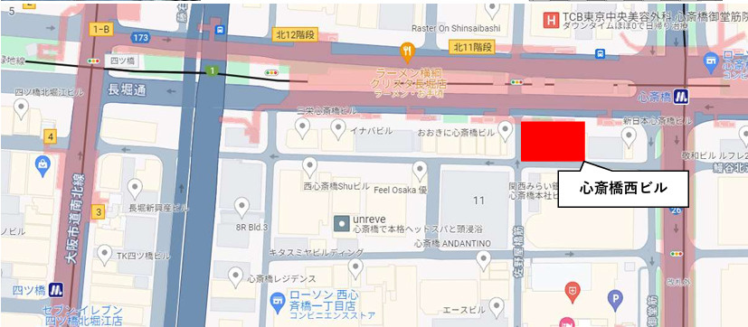 大阪市中央区西心斎橋１丁目の店舗事務所の地図