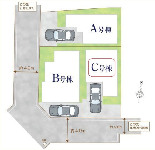 所沢市くすのき台1丁目・全3棟　新築一戸建　C号棟　の区画図|【全3棟・C号棟】ビルトイン車庫1台分。