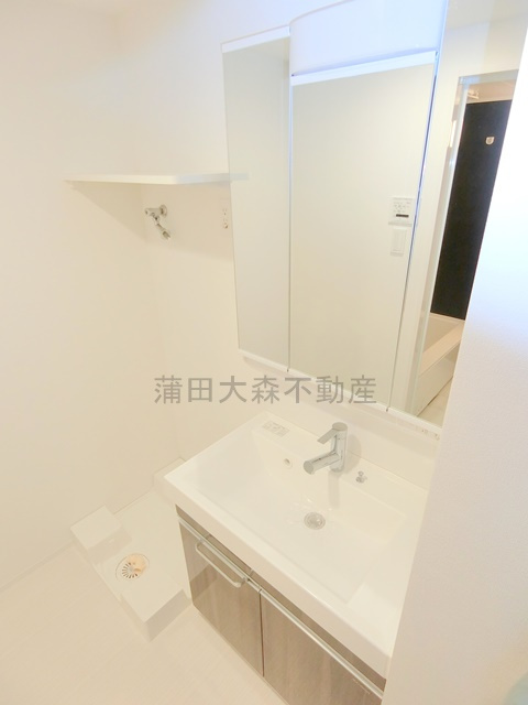 ルフレ田園調布南の洗面所|三面鏡の独立洗面台と室内洗濯機置き場　