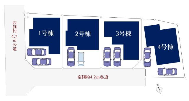 和光市下新倉4丁目 全4棟 4号棟の区画図| 【南西角地に誕生する新築戸建　全4棟】
南向きで陽当り良好な立地です
是非現地にて実際にご見学ください