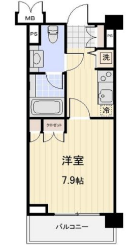 プロスペクト大森海岸の間取り|洋室7.9帖の1Kバストイレ別独立洗面台　