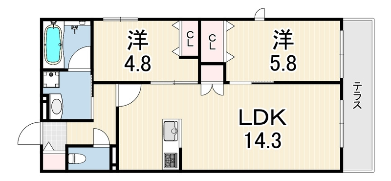 西宮市甲東園２丁目の賃貸マンションの間取り