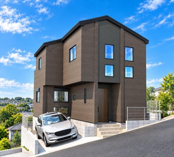 横浜市旭区さちが丘の新築一戸建の完成予想図|外観のイメージパースです。
お洒落な外観で完成が楽しみです。
※背景はCGでのイメージになり、実際とは異なります。