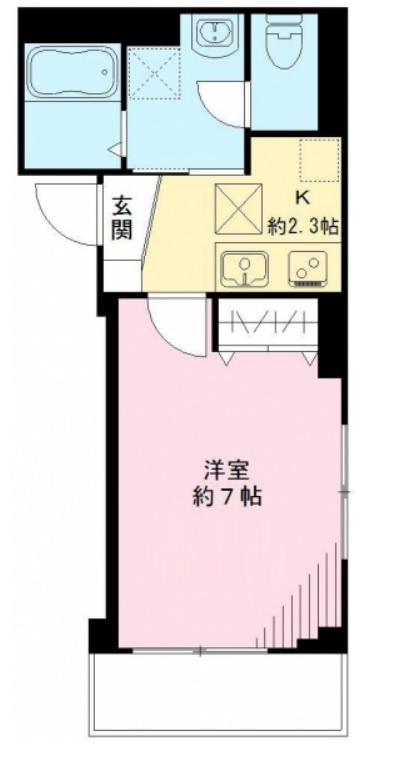 ヴェールメゾンの間取り|西向きバルコニー南西角部屋の1K洋室7帖バストイレ別独立洗面台
