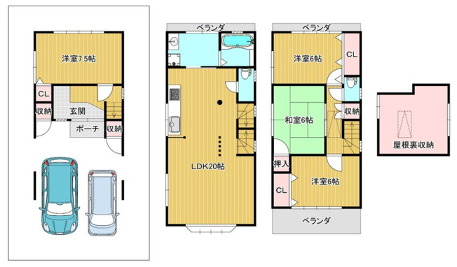 【間取り】 | 東大阪市鴻池町1丁目 | 【室内全面リフォーム済み☆全居室6帖以上！LDKゆったり20帖♪2階に水廻り設備集約♪食洗機・浴室乾燥機・TVモニターホン完備☆トイレ2F・3Fの2ヶ所♪屋根裏収納付きです♪】