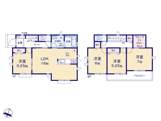 豊明市栄町大根1-515『仲介手数料無料』新築一戸建て・建売の間取り|　A号棟　1F:LDK16帖に隣接する洋室5.25帖　CL設置はお子様の遊び場・奥様の家事室に便利！2F:主寝室7帖　WIC設置！洋室6帖・洋室5.25帖　CL設置♪ホール収納♪南面バルコニー♪