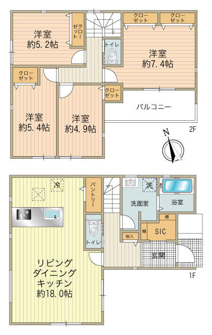 No.2区画（4990万円、土地面積：135.69㎡、建物面積：1階51.34㎡、2階：51.34㎡/合計102.68㎡、4LDK）